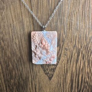 Pink Agate Rectangle Flower Pendant on Silver Plated Chain